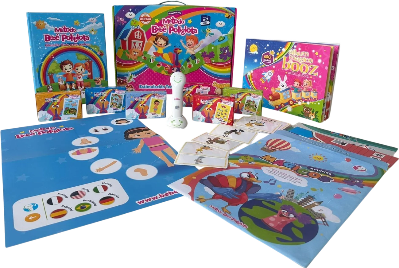 Kit completo Método Bebé Políglota desplegado: caja, libros, álbum de stickers, emoticartas, tableros y el Polyglot Pen