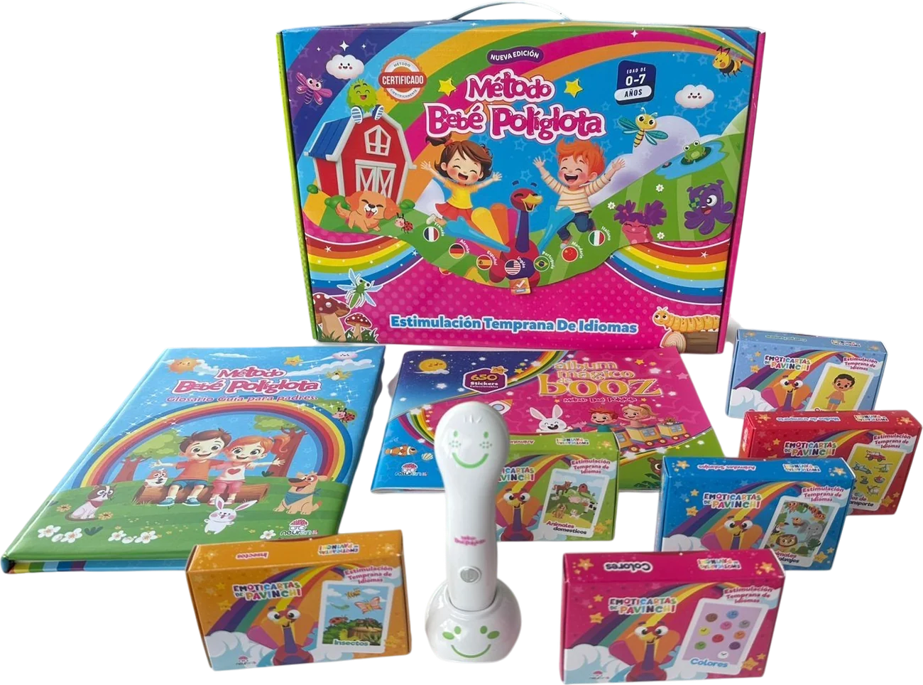 Vista completa del kit Método Bebé Políglota: caja, álbum de stickers, emoticartas, glosario, tableros y el Polyglot Pen